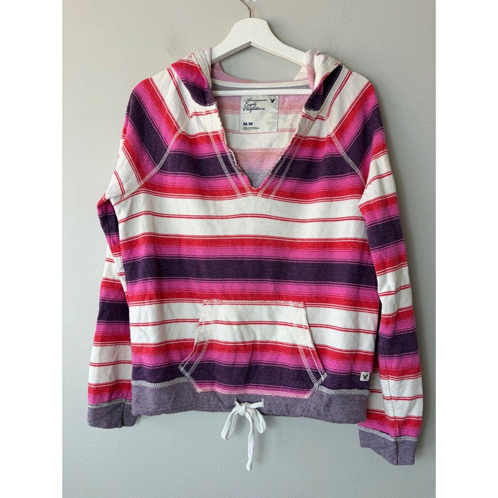 American Eagle Womens Pink Purple Striped V-Neck Hoodie Sweatshirt Size M
